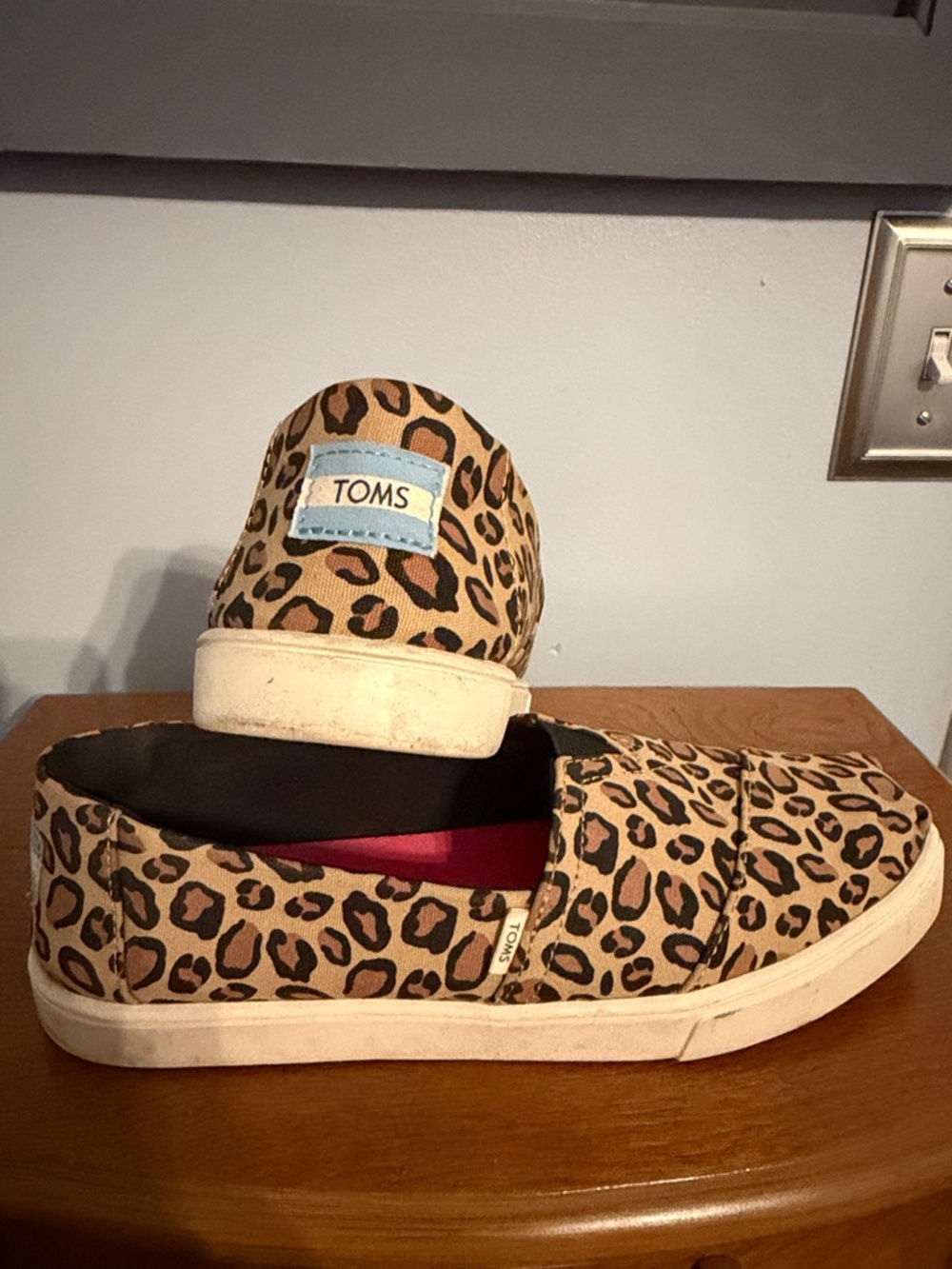 TOMS Leopard Print Canvas Slip-Ons in Tan and Black